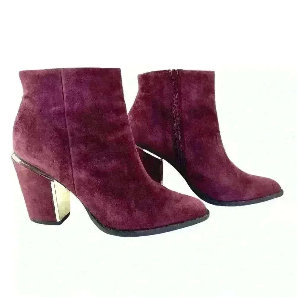 Aldo Burgundy Suede Ankle Boots Metallic Gold Chunky Heels US 6.5 Date Night